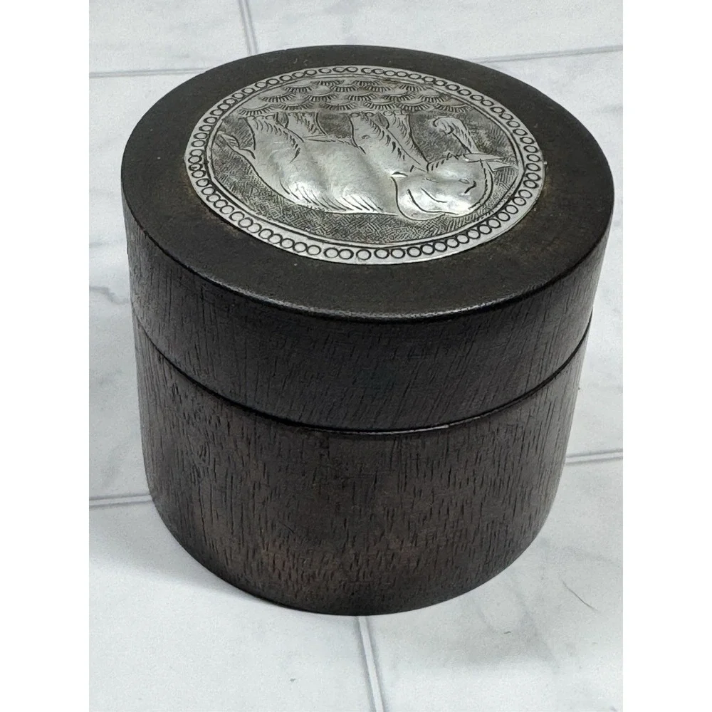 VTG Rich Dark Wooden Trinket Box With Tin Elephant Medallion On Lid 2.5